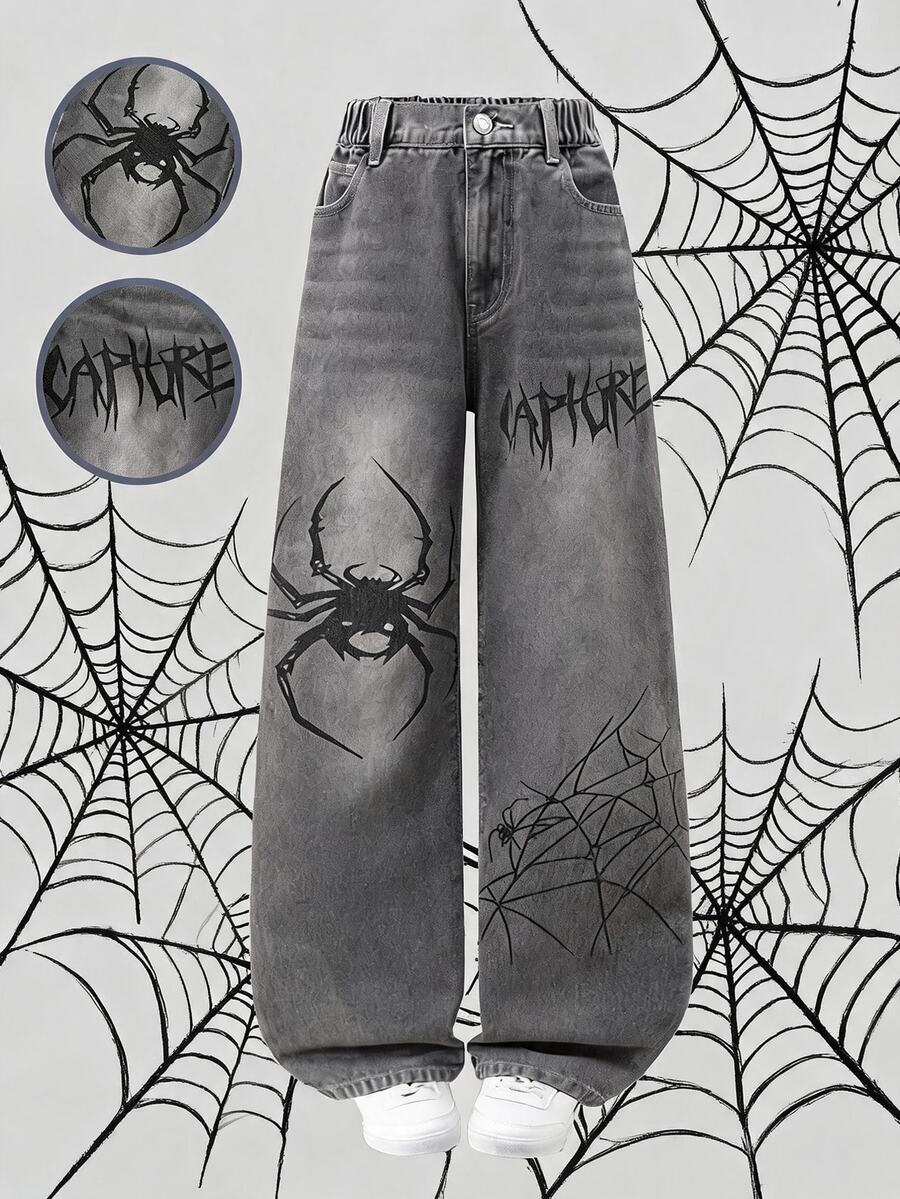 Tween Boy Spider Web Print Denim Cargo Pants, Halloween Element Print, Fashion Casual Style, New Arrival, Light Blue Denim With Streetwear Print, Elastic Waistband, Premium Cotton Denim Fabric, Comfortable Wear, Multi-Pocket Loose Fit, Suitable For Fashion Photos, Vacation, School, Multi-Scenario Wear, Denim Cargo Pants - Grey - View 1