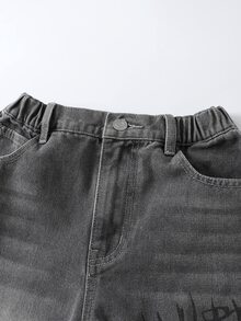 Tween Boy Spider Web Print Denim Cargo Pants, Halloween Element Print, Fashion Casual Style, New Arrival, Light Blue Denim With Streetwear Print, Elastic Waistband, Premium Cotton Denim Fabric, Comfortable Wear, Multi-Pocket Loose Fit, Suitable For Fashion Photos, Vacation, School, Multi-Scenario Wear, Denim Cargo Pants - Grey - View 6
