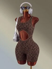 Mistrie 1pc Coffee Brown Leopard Print Racerback Sports Short Jumpsuit, Front & Back Hollow Cut Out, Ribbed Slim Workout Bodysuit For Yoga Gym Summer - Coffee Brown - View 7