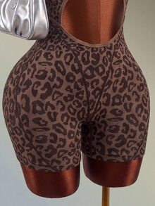 Mistrie 1pc Coffee Brown Leopard Print Racerback Sports Short Jumpsuit, Front & Back Hollow Cut Out, Ribbed Slim Workout Bodysuit For Yoga Gym Summer - Coffee Brown - View 3