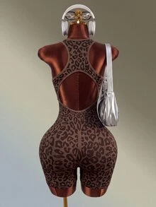Mistrie 1pc Coffee Brown Leopard Print Racerback Sports Short Jumpsuit, Front & Back Hollow Cut Out, Ribbed Slim Workout Bodysuit For Yoga Gym Summer - Coffee Brown - View 2
