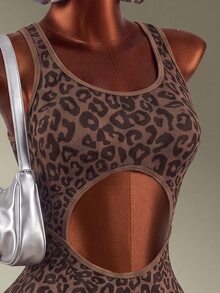 Mistrie 1pc Coffee Brown Leopard Print Racerback Sports Short Jumpsuit, Front & Back Hollow Cut Out, Ribbed Slim Workout Bodysuit For Yoga Gym Summer - Coffee Brown - View 5