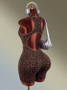 Mistrie 1pc Coffee Brown Leopard Print Racerback Sports Short Jumpsuit, Front & Back Hollow Cut Out, Ribbed Slim Workout Bodysuit For Yoga Gym Summer - Coffee Brown - View 8
