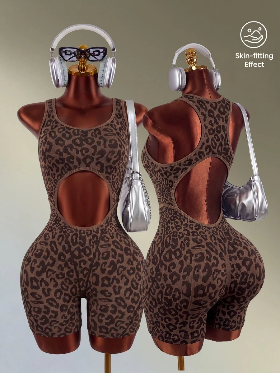 Mistrie 1pc Coffee Brown Leopard Print Racerback Sports Short Jumpsuit, Front & Back Hollow Cut Out, Ribbed Slim Workout Bodysuit For Yoga Gym Summer - Coffee Brown - View 1