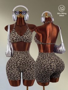 Mistrie Women's Fashion Leopard Print Halter Tank Top And High Waist Shorts Sports Set - Coffee Brown - View 1