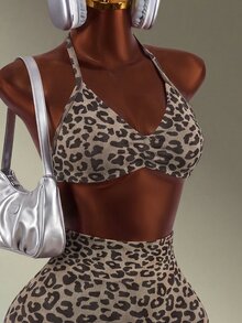 Mistrie Women's Fashion Leopard Print Halter Tank Top And High Waist Shorts Sports Set - Coffee Brown - View 4