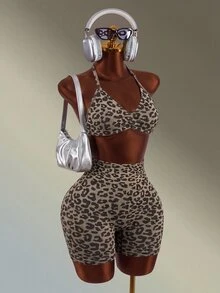 Mistrie Women's Fashion Leopard Print Halter Tank Top And High Waist Shorts Sports Set - Coffee Brown - View 9