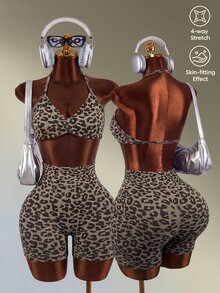 Mistrie Women's Fashion Leopard Print Halter Tank Top And High Waist Shorts Sports Set - Coffee Brown - View 3