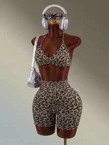 Mistrie Women's Fashion Leopard Print Halter Tank Top And High Waist Shorts Sports Set - Coffee Brown - View 6