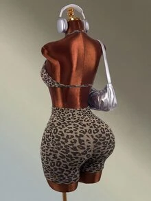 Mistrie Women's Fashion Leopard Print Halter Tank Top And High Waist Shorts Sports Set - Coffee Brown - View 7