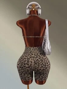 Mistrie Women's Fashion Leopard Print Halter Tank Top And High Waist Shorts Sports Set - Coffee Brown - View 2