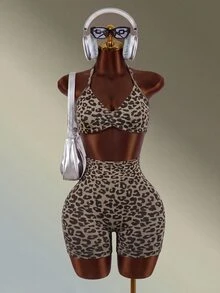 Mistrie Women's Fashion Leopard Print Halter Tank Top And High Waist Shorts Sports Set - Coffee Brown - View 8