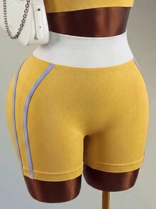 Mistrie 女款拼色細肩帶背心上衣與高腰短褲休閒日常運動套裝 - 黃色 - 查看 3