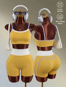 Mistrie 女款拼色細肩帶背心上衣與高腰短褲休閒日常運動套裝 - 黃色 - 查看 5