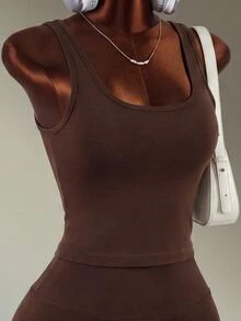 Mistrie Seamless Sports Yoga Tank Top & Shorts Set / High Waist Tummy Control & Butt Lift / Fashionable & Sexy / Comfortable & Versatile - Coffee Brown - View 4