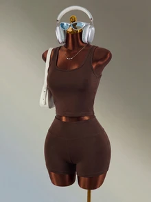 Mistrie Seamless Sports Yoga Tank Top & Shorts Set / High Waist Tummy Control & Butt Lift / Fashionable & Sexy / Comfortable & Versatile - Coffee Brown - View 9