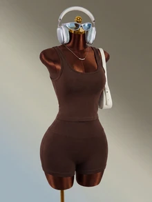 Mistrie Seamless Sports Yoga Tank Top & Shorts Set / High Waist Tummy Control & Butt Lift / Fashionable & Sexy / Comfortable & Versatile - Coffee Brown - View 8