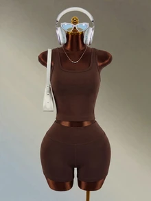 Mistrie Seamless Sports Yoga Tank Top & Shorts Set / High Waist Tummy Control & Butt Lift / Fashionable & Sexy / Comfortable & Versatile - Coffee Brown - View 6