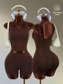 Mistrie Seamless Sports Yoga Tank Top & Shorts Set / High Waist Tummy Control & Butt Lift / Fashionable & Sexy / Comfortable & Versatile - Coffee Brown - View 1