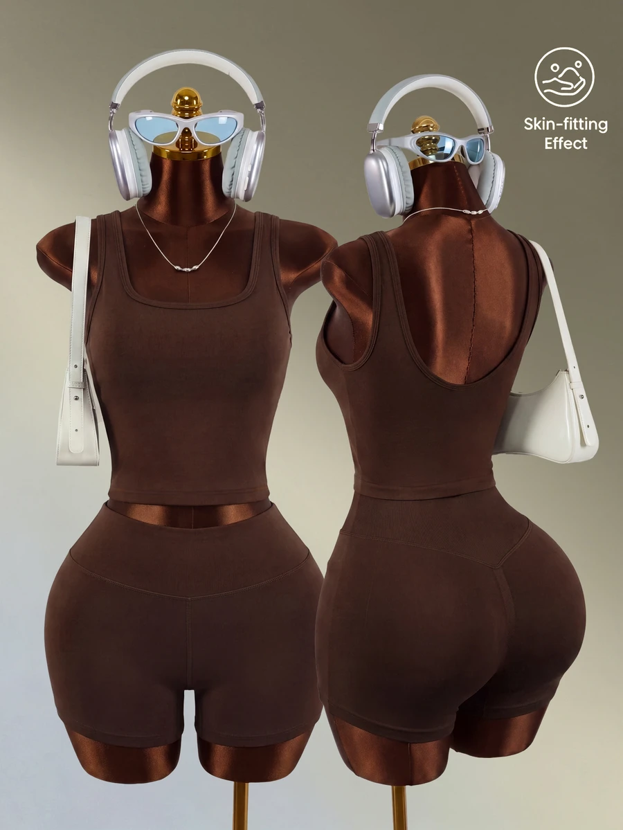 Mistrie Seamless Sports Yoga Tank Top & Shorts Set / High Waist Tummy Control & Butt Lift / Fashionable & Sexy / Comfortable & Versatile - Coffee Brown - View 1