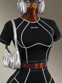 Mistrie 1pc Colorblock Fashion Versatile Women's Sports T-Shirt, Suitable For Running, Gym, Daily Wear - Black - View 4