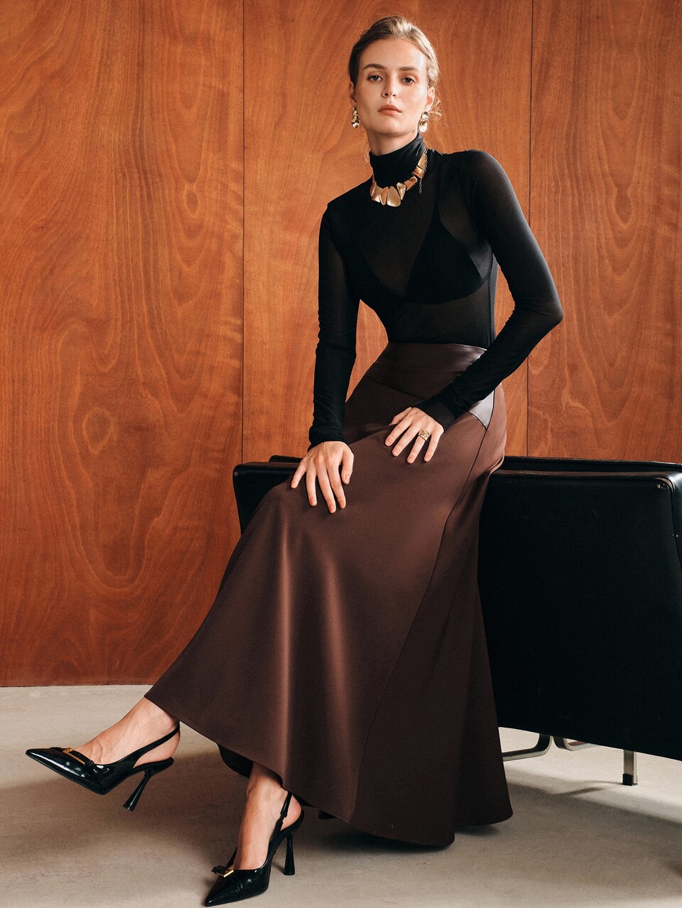 Anewsta New Burgundy PU Patchwork A-Line Elegant Long Skirt For Women
