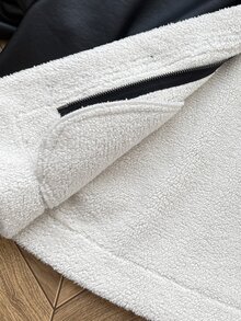 SHEIN 青少年女孩秋冬街頭風 PU複合保暖內裡撞色翻領機車夾克，適合秋冬日常穿著 - 黑色 - 查看 7