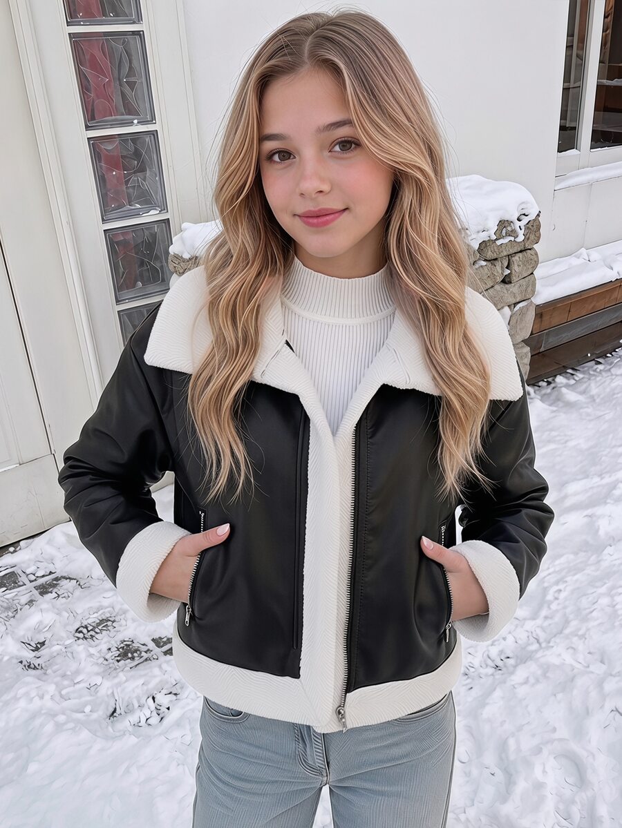 SHEIN Teen Girl Autumn/Winter Street Style PU Composite Thermal Lined Contrast Color Lapel Motorcycle Jacket, Suitable For Autumn/Winter, Daily Wear - Black - View 1