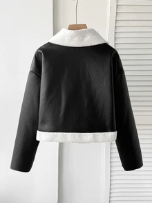 SHEIN 青少年女孩秋冬街頭風 PU複合保暖內裡撞色翻領機車夾克，適合秋冬日常穿著 - 黑色 - 查看 4