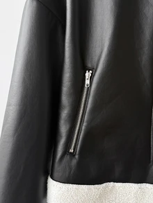 SHEIN 青少年女孩秋冬街頭風 PU複合保暖內裡撞色翻領機車夾克，適合秋冬日常穿著 - 黑色 - 查看 6