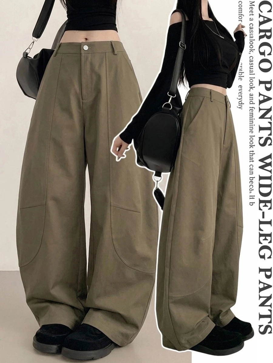 DAZY Celana Panjang Kasual Wanita Warna Polos, Longgar, dengan Saku dan Hem Melengkung, Gaya Streetwear, Musim Semi/Gugur Y2K - Hijau Tentara - View 1