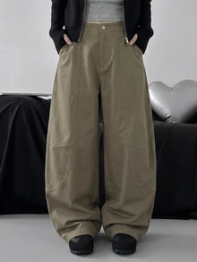 DAZY Celana Panjang Kasual Wanita Warna Polos, Longgar, dengan Saku dan Hem Melengkung, Gaya Streetwear, Musim Semi/Gugur Y2K - Hijau Tentara - View 5