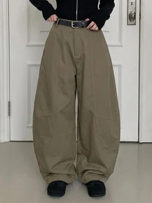 DAZY Celana Panjang Kasual Wanita Warna Polos, Longgar, dengan Saku dan Hem Melengkung, Gaya Streetwear, Musim Semi/Gugur Y2K - Hijau Tentara - View 4
