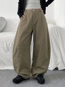 DAZY Celana Panjang Kasual Wanita Warna Polos, Longgar, dengan Saku dan Hem Melengkung, Gaya Streetwear, Musim Semi/Gugur Y2K - Hijau Tentara - View 6