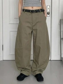 DAZY Celana Panjang Kasual Wanita Warna Polos, Longgar, dengan Saku dan Hem Melengkung, Gaya Streetwear, Musim Semi/Gugur Y2K - Hijau Tentara - View 7