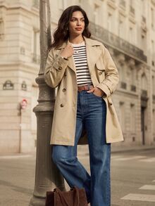 Juhart Plus Size Women's Casual Windbreaker Jacket,Solid Color Long Sleeve Lapel Double-Breasted Autumn Office Commuting Versatile Outerwear Fall - Khaki - View 4