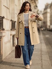 Juhart Plus Size Women's Casual Windbreaker Jacket,Solid Color Long Sleeve Lapel Double-Breasted Autumn Office Commuting Versatile Outerwear Fall - Khaki - View 3