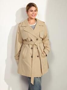 Juhart Plus Size Women's Casual Windbreaker Jacket,Solid Color Long Sleeve Lapel Double-Breasted Autumn Office Commuting Versatile Outerwear Fall - Khaki - View 11