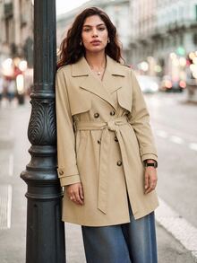 Juhart Plus Size Women's Casual Windbreaker Jacket,Solid Color Long Sleeve Lapel Double-Breasted Autumn Office Commuting Versatile Outerwear Fall - Khaki - View 8