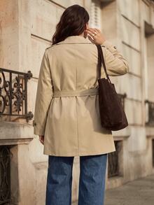 Juhart Plus Size Women's Casual Windbreaker Jacket,Solid Color Long Sleeve Lapel Double-Breasted Autumn Office Commuting Versatile Outerwear Fall - Khaki - View 2