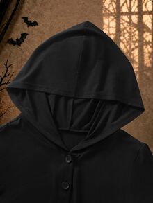 DreamSkyne Plus Size Dark Hooded Lace-Up Asymmetrical Hem Flare Sleeve Dress Halloween Evening Night Black Autumn Goth 1920 Vintage - Black - View 7