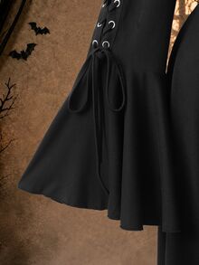 DreamSkyne Plus Size Dark Hooded Lace-Up Asymmetrical Hem Flare Sleeve Dress Halloween Evening Night Black Autumn Goth 1920 Vintage - Black - View 6