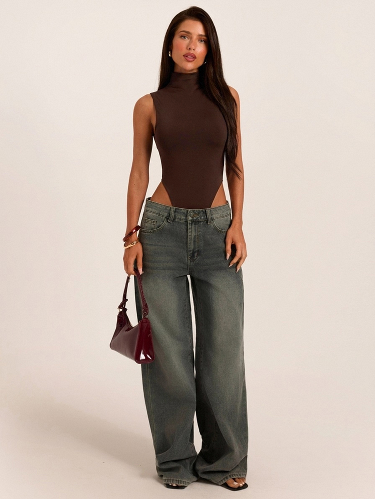 SHEIN BAE Autumn/Winter Solid Brown Sleeveless Women's Backless High Neck Bodysuit, Sexy Brown Bodysuit - Brown - View 3