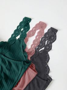 SHEIN 3 Sets Women Lace Trim Backless Top And Drawstring Straight Leg Casual Pants Pajama Set - Multicolor - View 4
