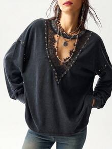 Bohemela 女款秋季休閒搖滾風深灰色水洗針織長袖衛衣/萬聖節/返校季/外出夜生活/Y2K/假期 - 黑色 - 查看 5