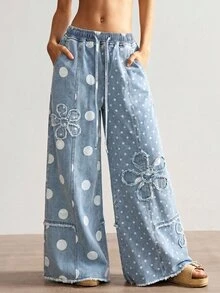 Bohemela 夏/秋季休閒復古藍色波點圖案刺繡花卉拼接梭織寬腿女款牛仔褲，適合日常穿著與演唱會派對 - 彩色 - 查看 4