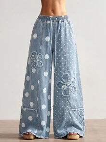 Bohemela 夏/秋季休閒復古藍色波點圖案刺繡花卉拼接梭織寬腿女款牛仔褲，適合日常穿著與演唱會派對 - 彩色 - 查看 2