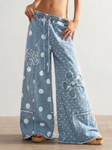 Bohemela 夏/秋季休閒復古藍色波點圖案刺繡花卉拼接梭織寬腿女款牛仔褲，適合日常穿著與演唱會派對 - 彩色 - 查看 6