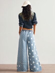 Bohemela 夏/秋季休閒復古藍色波點圖案刺繡花卉拼接梭織寬腿女款牛仔褲，適合日常穿著與演唱會派對 - 彩色 - 查看 7