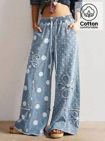 Bohemela Summer/Fall, Casual Vintage Blue Polka Dot Pattern Embroidered Floral Patchwork Woven Wide Leg Women's Jeans, Daily Wear & Concert Party
